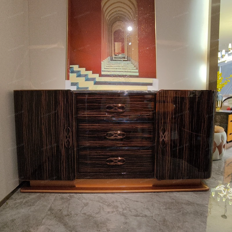 Marble-Top Sideboard Cabinet with Dark Striped Wood Veneer, Rounded Side Doors, and Central Drawer Storage